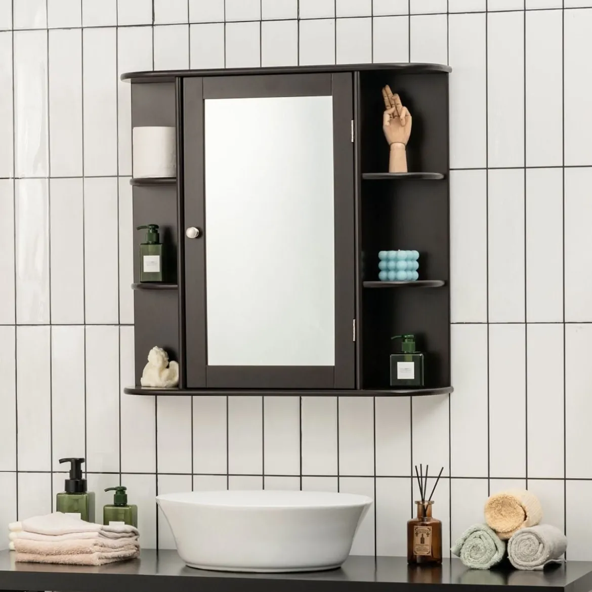 Spiegelschrank Bad 4 Fächer & 6 offene Ablagen Badezimmerschrank mit Spiegel 66 x 17 x 63 cm Schwarz/Braun/Grau/Weiß