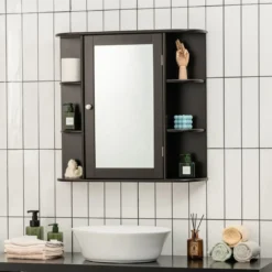 Spiegelschrank Bad 4 Fächer & 6 offene Ablagen Badezimmerschrank mit Spiegel 66 x 17 x 63 cm Schwarz/Braun/Grau/Weiß