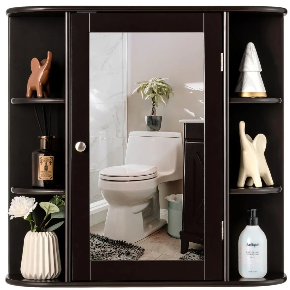 Spiegelschrank Bad 4 Fächer & 6 offene Ablagen Badezimmerschrank mit Spiegel 66 x 17 x 63 cm Schwarz/Braun/Grau/Weiß