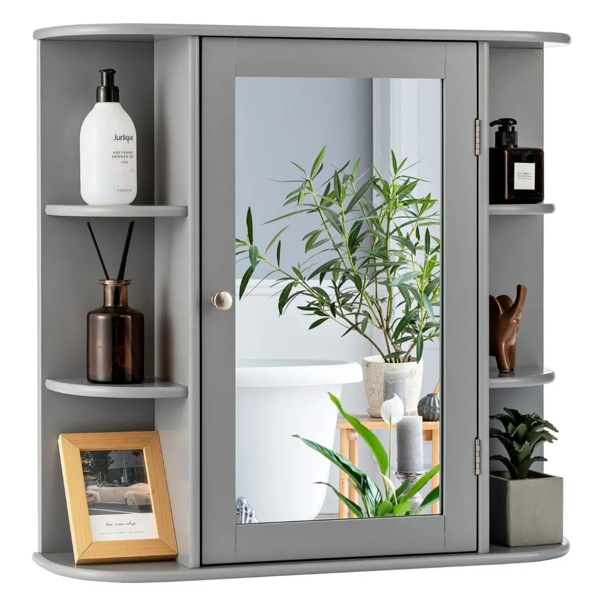 Spiegelschrank Bad 4 Fächer & 6 offene Ablagen Badezimmerschrank mit Spiegel 66 x 17 x 63 cm Schwarz/Braun/Grau/Weiß