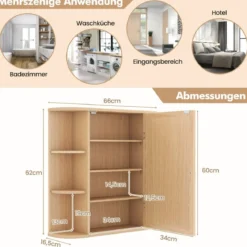 Spiegelschrank Bad 4 Fächer & 6 offene Ablagen Badezimmerschrank mit Spiegel 66 x 17 x 63 cm Schwarz/Braun/Grau/Weiß