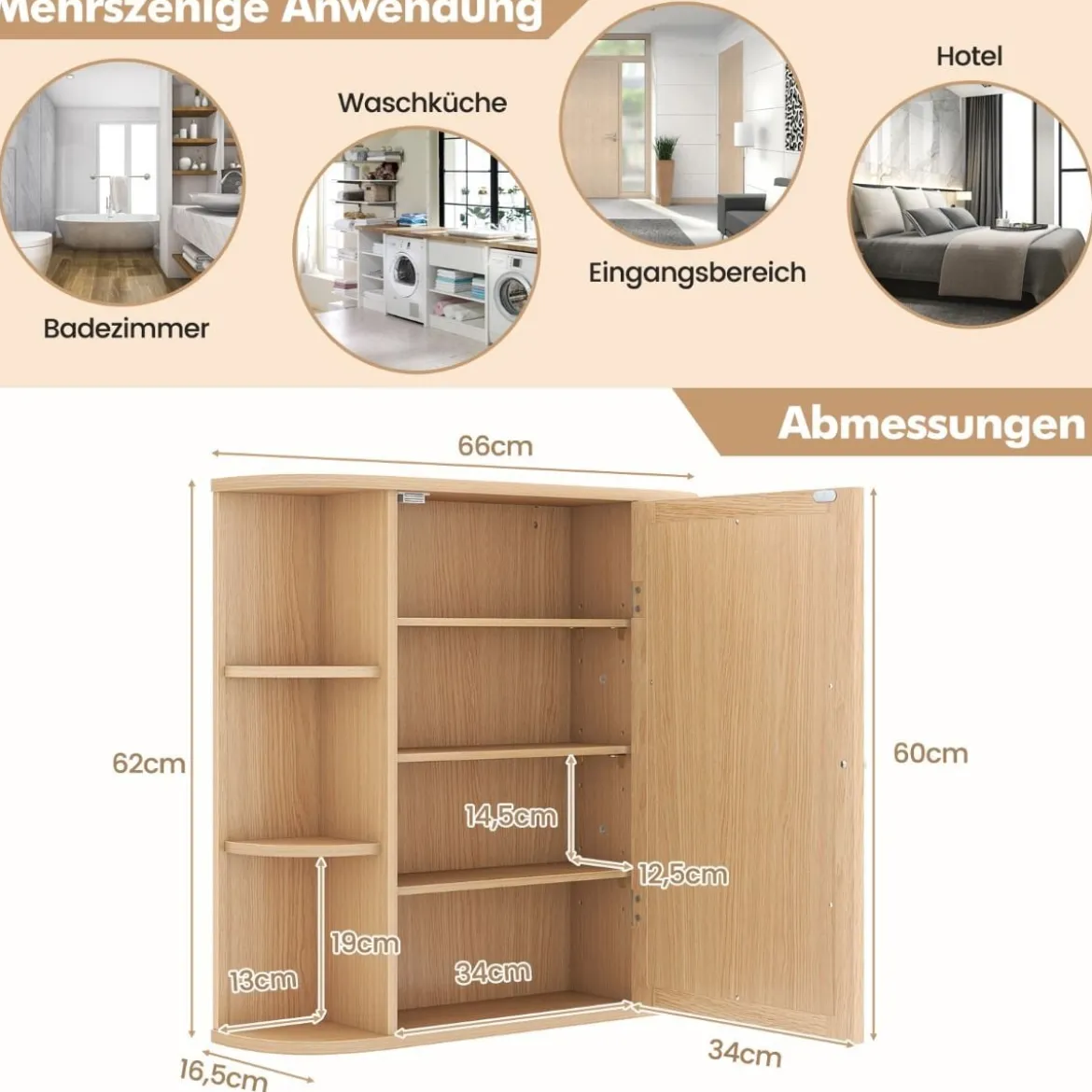 Spiegelschrank Bad 4 Fächer & 6 offene Ablagen Badezimmerschrank mit Spiegel 66 x 17 x 63 cm Schwarz/Braun/Grau/Weiß