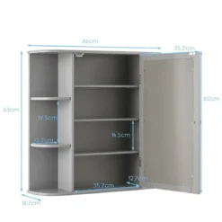 Spiegelschrank Bad 4 Fächer & 6 offene Ablagen Badezimmerschrank mit Spiegel 66 x 17 x 63 cm Schwarz/Braun/Grau/Weiß