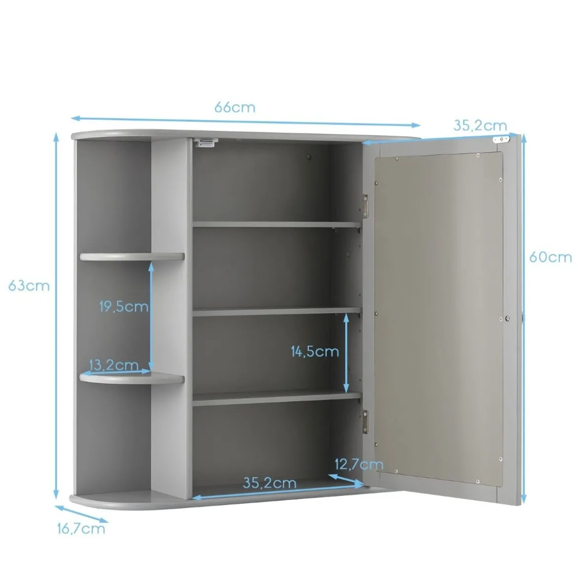Spiegelschrank Bad 4 Fächer & 6 offene Ablagen Badezimmerschrank mit Spiegel 66 x 17 x 63 cm Schwarz/Braun/Grau/Weiß