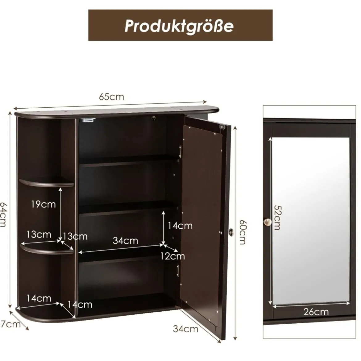 Spiegelschrank Bad 4 Fächer & 6 offene Ablagen Badezimmerschrank mit Spiegel 66 x 17 x 63 cm Schwarz/Braun/Grau/Weiß