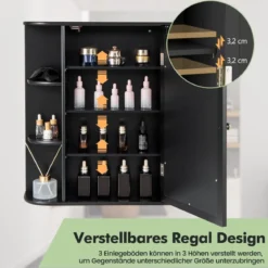 Spiegelschrank Bad 4 Fächer & 6 offene Ablagen Badezimmerschrank mit Spiegel 66 x 17 x 63 cm Schwarz/Braun/Grau/Weiß