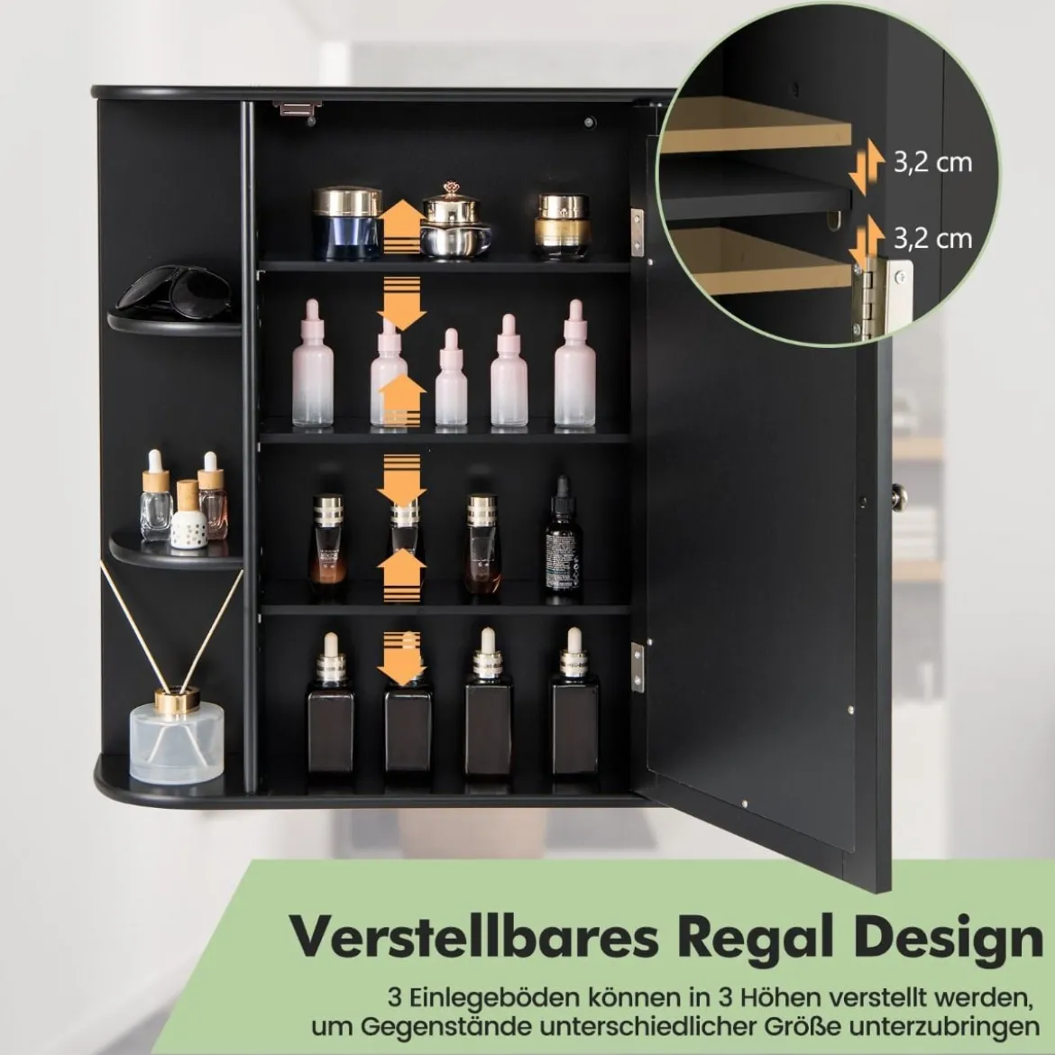 Spiegelschrank Bad 4 Fächer & 6 offene Ablagen Badezimmerschrank mit Spiegel 66 x 17 x 63 cm Schwarz/Braun/Grau/Weiß