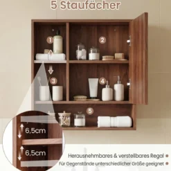 Spiegelschrank mit Offenen Fächern & Verstellbaren Ablagen Badschrank mit Spielgeltür Braun