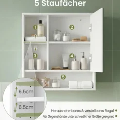 Spiegelschrank mit Offenen Fächern & Verstellbaren Ablagen Badschrank mit Spielgeltür Weiß