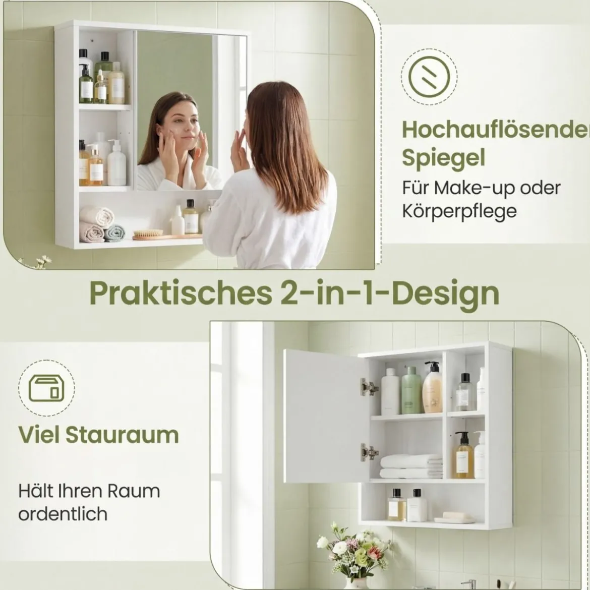 Spiegelschrank mit Offenen Fächern & Verstellbaren Ablagen Badschrank mit Spielgeltür Weiß