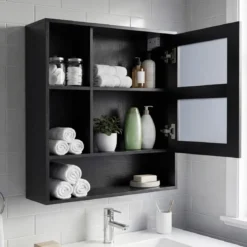 Spiegelschrank mit Spiegeltür & 3 Offenen Regalen Hängeschrank Wandschrank Schwarz