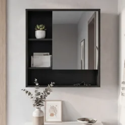 Spiegelschrank mit Spiegeltür & 3 Offenen Regalen Hängeschrank Wandschrank Schwarz
