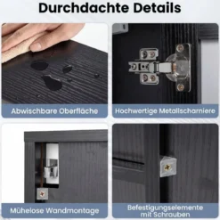 Spiegelschrank mit Spiegeltür & 3 Offenen Regalen Hängeschrank Wandschrank Schwarz