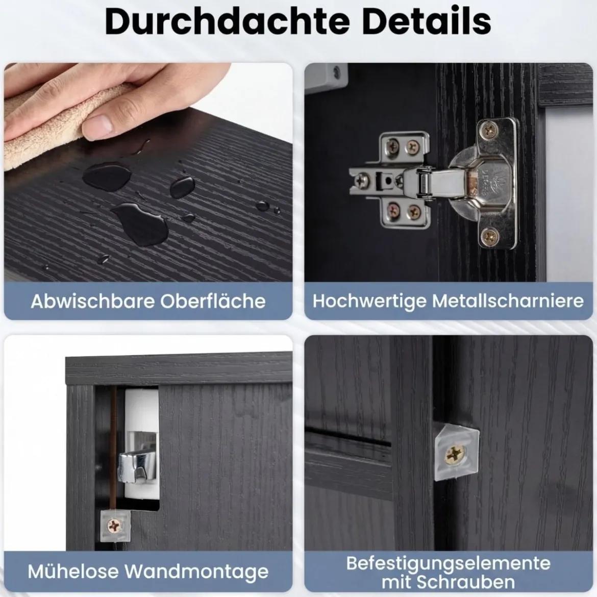 Spiegelschrank mit Spiegeltür & 3 Offenen Regalen Hängeschrank Wandschrank Schwarz