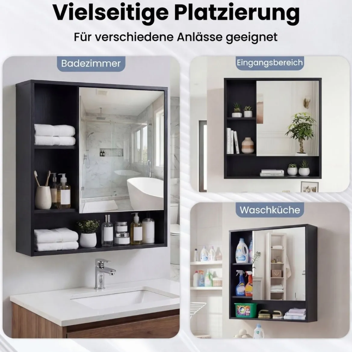 Spiegelschrank mit Spiegeltür & 3 Offenen Regalen Hängeschrank Wandschrank Schwarz