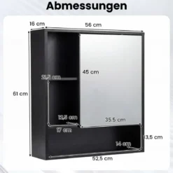 Spiegelschrank mit Spiegeltür & 3 Offenen Regalen Hängeschrank Wandschrank Schwarz