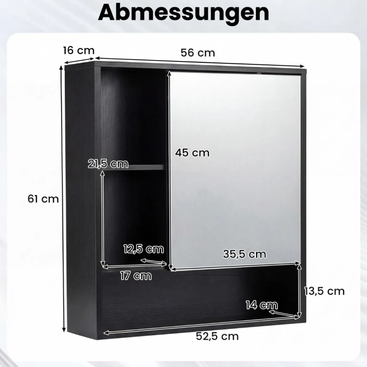 Spiegelschrank mit Spiegeltür & 3 Offenen Regalen Hängeschrank Wandschrank Schwarz