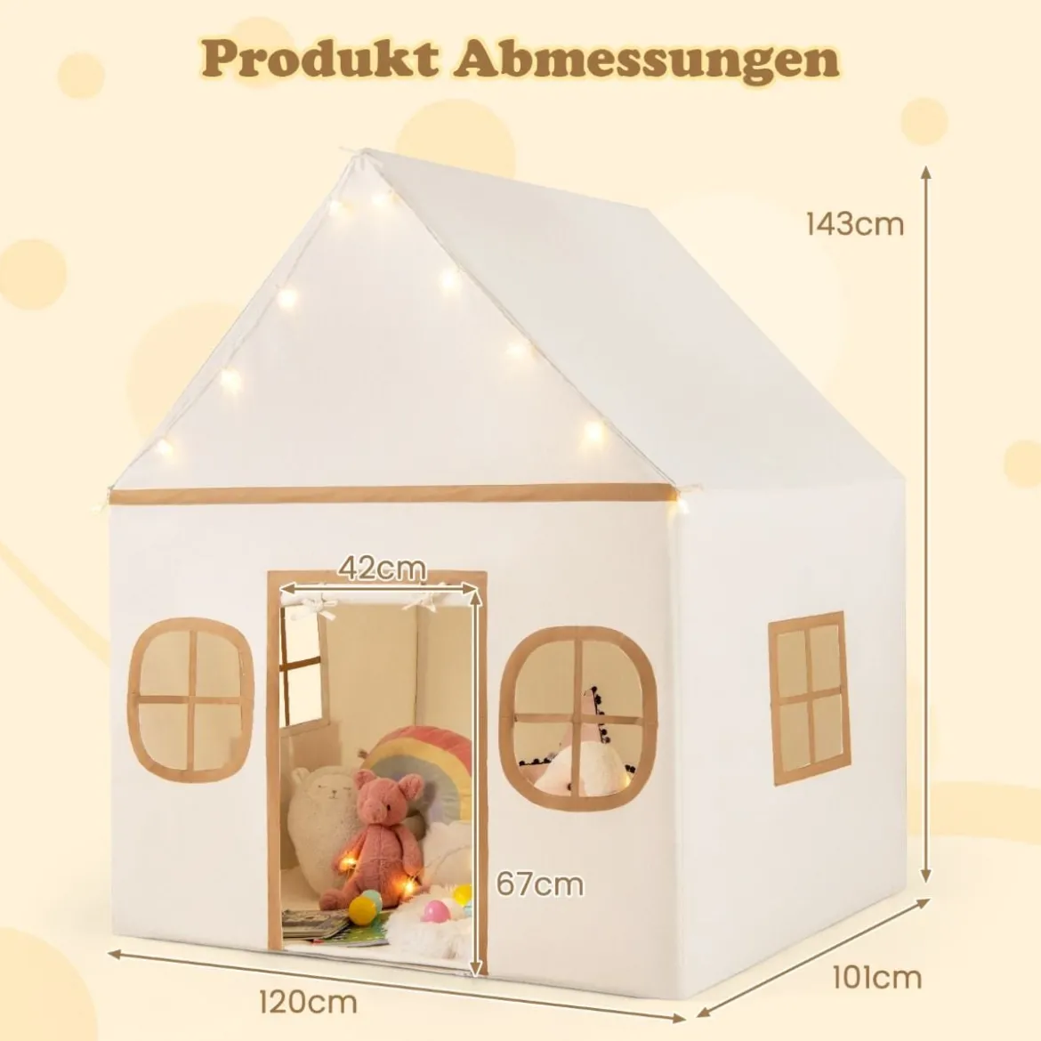 Spielhaus Kinder Indoor Kinderzelt mit Sternlichter & Gepolsterte Matte Beige + Braun