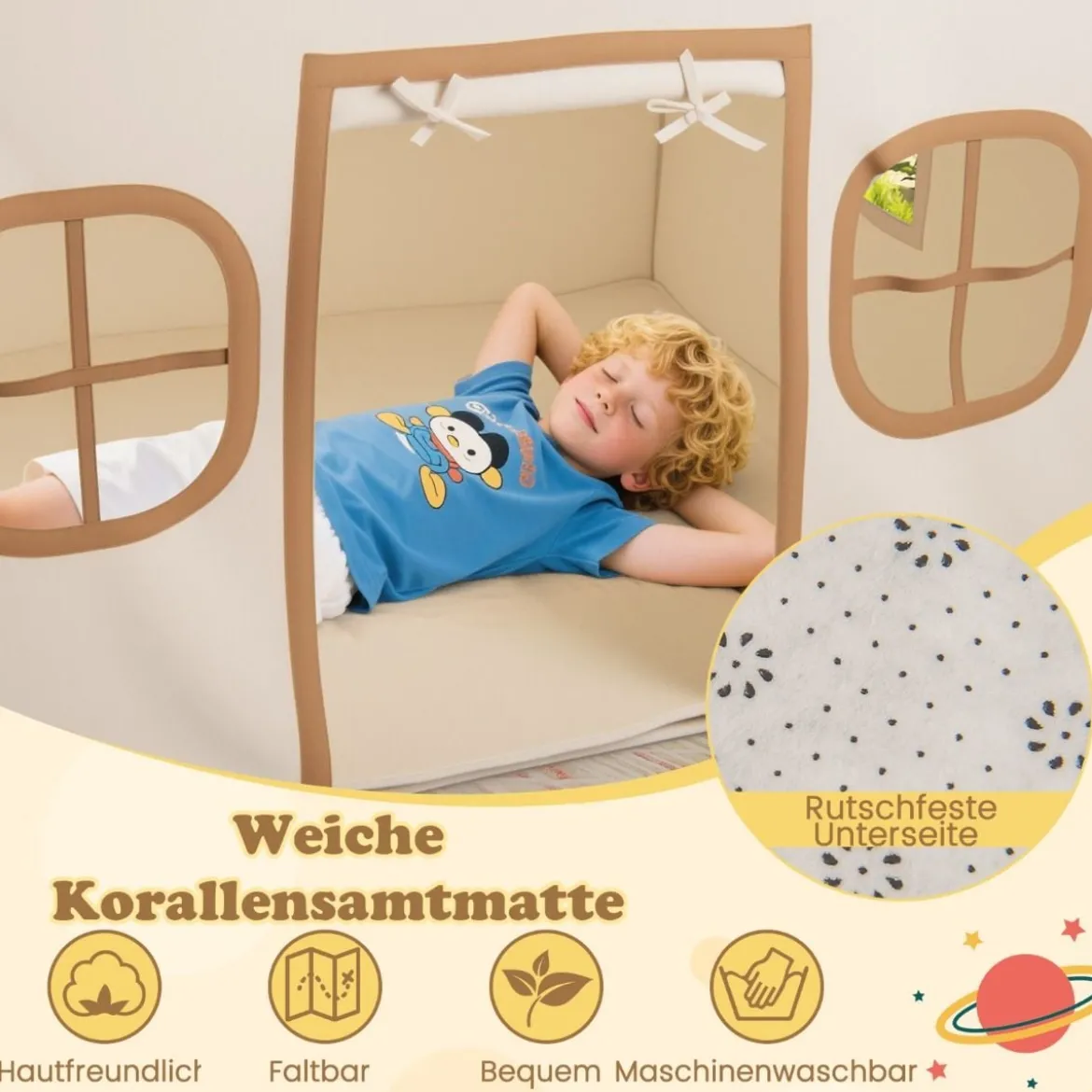 Spielhaus Kinder Indoor Kinderzelt mit Sternlichter & Gepolsterte Matte Beige + Braun