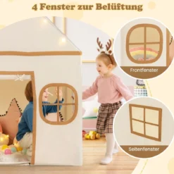 Spielhaus Kinder Indoor Kinderzelt mit Sternlichter & Gepolsterte Matte Beige + Braun