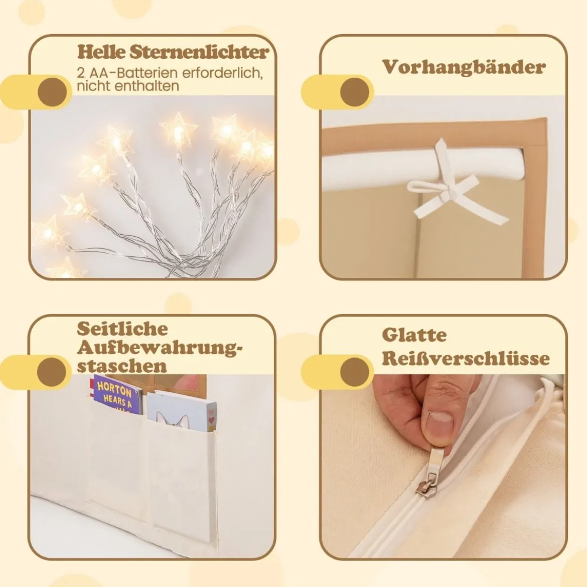 Spielhaus Kinder Indoor Kinderzelt mit Sternlichter & Gepolsterte Matte Beige + Braun