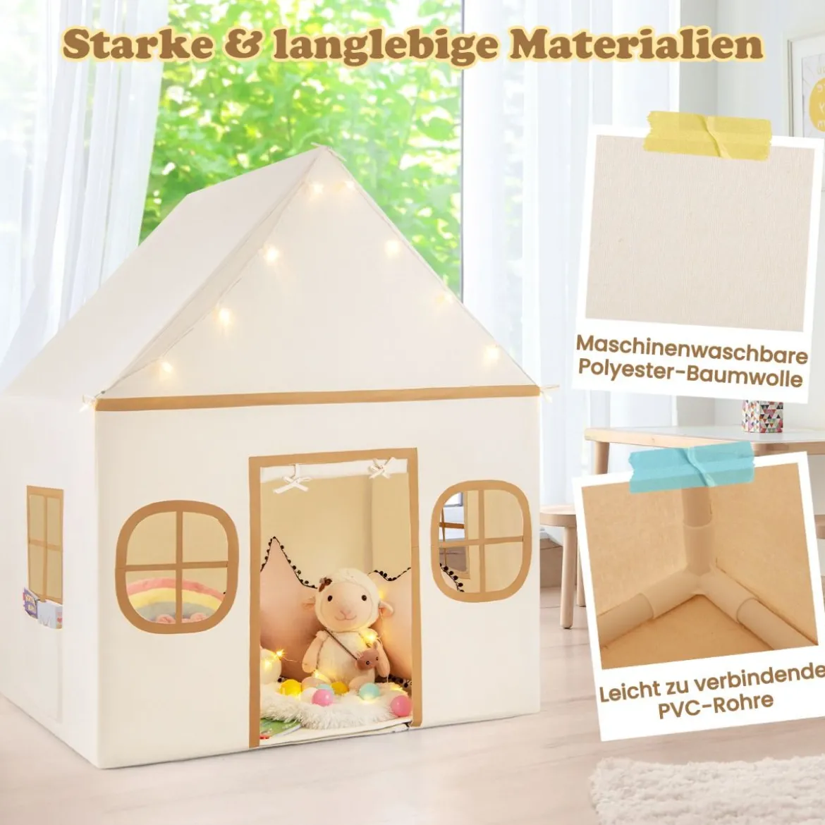Spielhaus Kinder Indoor Kinderzelt mit Sternlichter & Gepolsterte Matte Beige + Braun