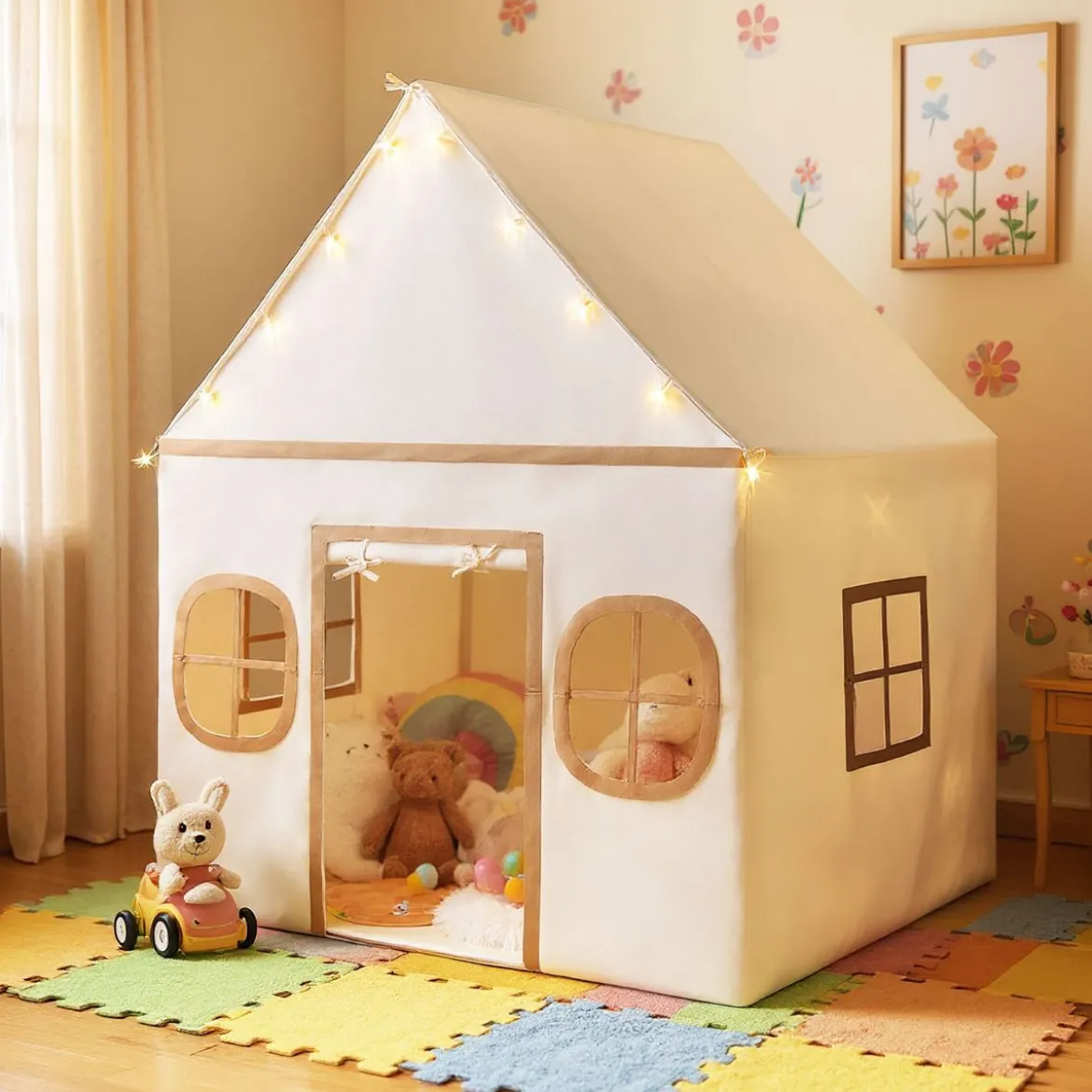 Spielhaus Kinder Indoor Kinderzelt mit Sternlichter & Gepolsterte Matte Beige + Braun