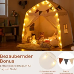 Spielhaus Kinder Indoor Kinderzelt mit Flaggen und Lichterketten Prinzessin Spielzelt Beige/Kaffee/Rosa
