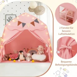 Spielhaus Kinder Indoor Kinderzelt mit Flaggen und Lichterketten Prinzessin Spielzelt Beige/Kaffee/Rosa