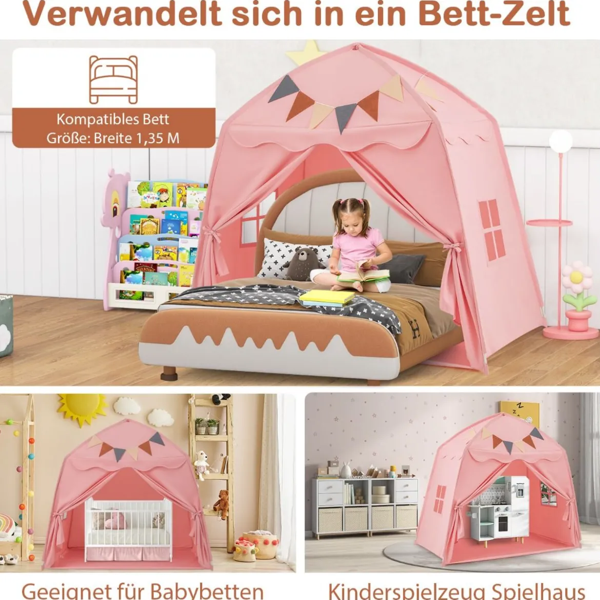 Spielhaus Kinder Indoor Kinderzelt mit Flaggen und Lichterketten Prinzessin Spielzelt Beige/Kaffee/Rosa