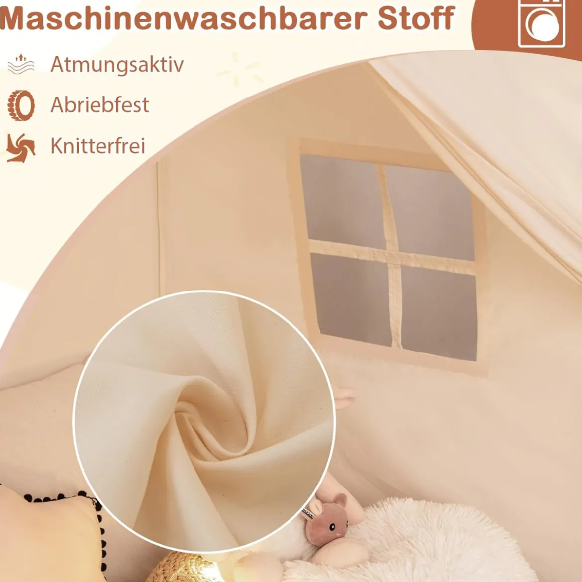 Spielhaus Kinder Indoor Kinderzelt mit Flaggen und Lichterketten Prinzessin Spielzelt Beige/Kaffee/Rosa