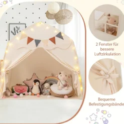 Spielhaus Kinder Indoor Kinderzelt mit Flaggen und Lichterketten Prinzessin Spielzelt Beige/Kaffee/Rosa