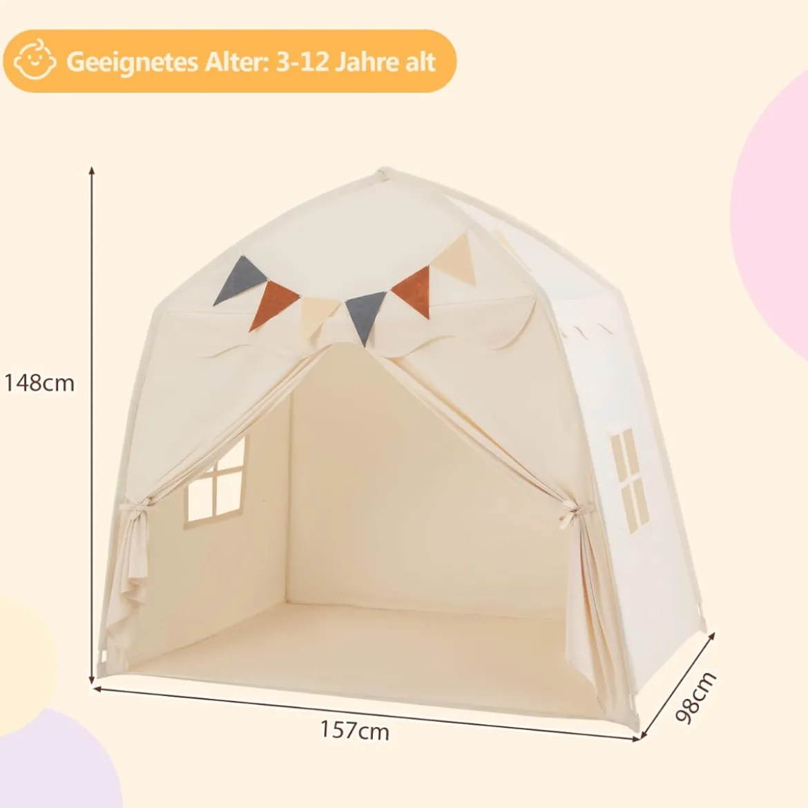 Spielhaus Kinder Indoor Kinderzelt mit Flaggen und Lichterketten Prinzessin Spielzelt Beige/Kaffee/Rosa