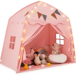 Spielhaus Kinder Indoor Kinderzelt mit Flaggen und Lichterketten Prinzessin Spielzelt Beige/Kaffee/Rosa