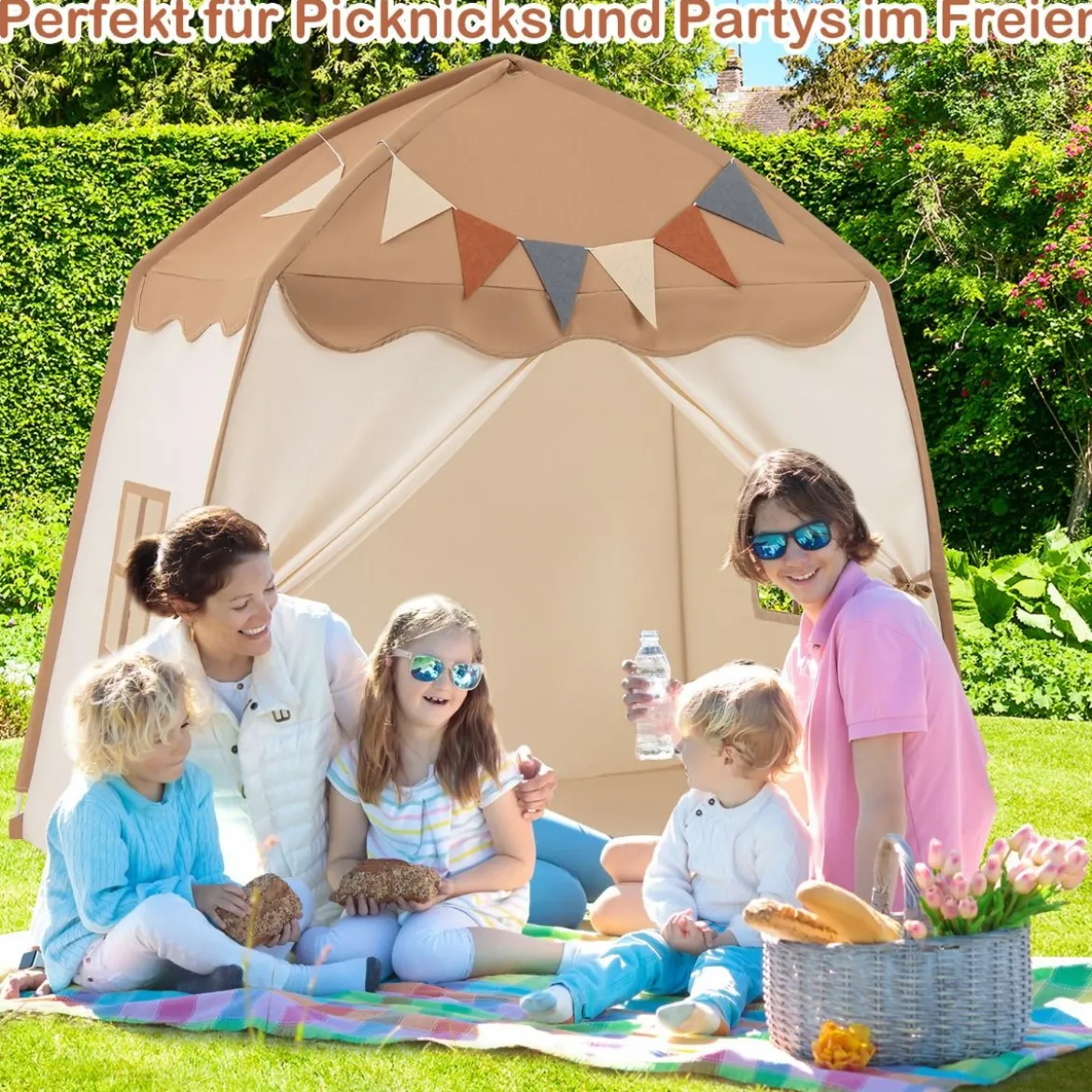 Spielhaus Kinder Indoor Kinderzelt mit Flaggen und Lichterketten Prinzessin Spielzelt Beige/Kaffee/Rosa