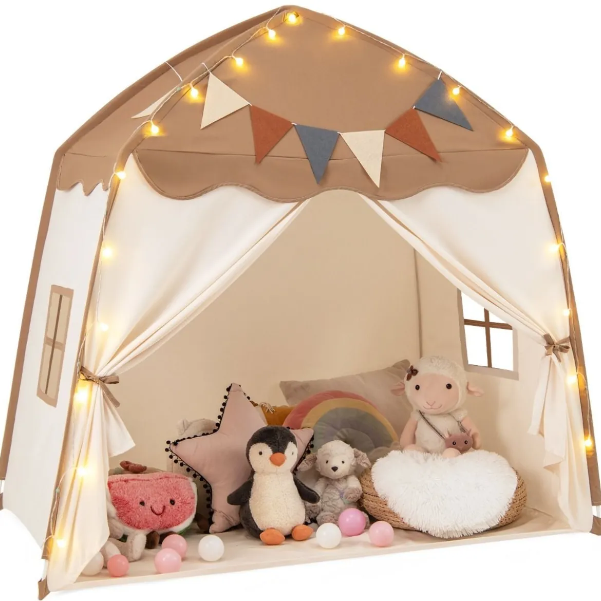 Spielhaus Kinder Indoor Kinderzelt mit Flaggen und Lichterketten Prinzessin Spielzelt Beige/Kaffee/Rosa