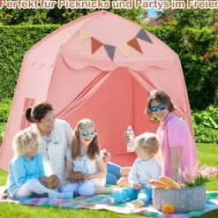 Spielhaus Kinder Indoor Kinderzelt mit Flaggen und Lichterketten Prinzessin Spielzelt Beige/Kaffee/Rosa
