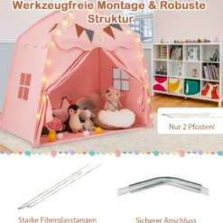 Spielhaus Kinder Indoor Kinderzelt mit Flaggen und Lichterketten Prinzessin Spielzelt Beige/Kaffee/Rosa