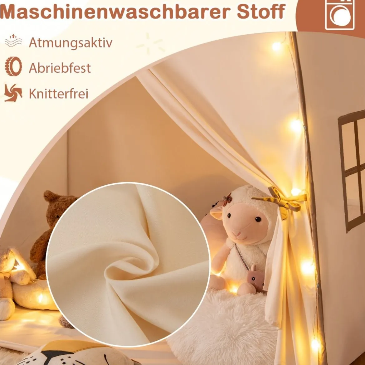 Spielhaus Kinder Indoor Kinderzelt mit Flaggen und Lichterketten Prinzessin Spielzelt Beige/Kaffee/Rosa