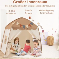 Spielhaus Kinder Indoor Kinderzelt mit Flaggen und Lichterketten Prinzessin Spielzelt Beige/Kaffee/Rosa