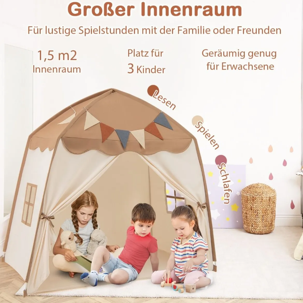 Spielhaus Kinder Indoor Kinderzelt mit Flaggen und Lichterketten Prinzessin Spielzelt Beige/Kaffee/Rosa