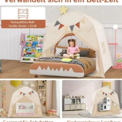 Spielhaus Kinder Indoor Kinderzelt mit Flaggen und Lichterketten Prinzessin Spielzelt Beige/Kaffee/Rosa