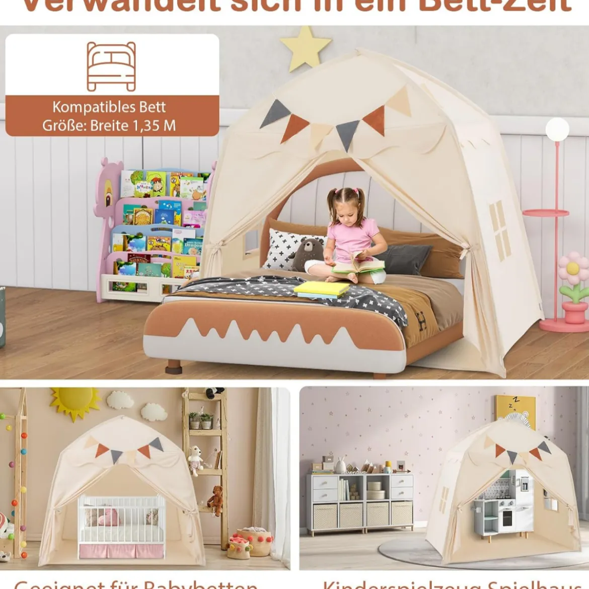 Spielhaus Kinder Indoor Kinderzelt mit Flaggen und Lichterketten Prinzessin Spielzelt Beige/Kaffee/Rosa