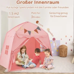 Spielhaus Kinder Indoor Kinderzelt mit Flaggen und Lichterketten Prinzessin Spielzelt Beige/Kaffee/Rosa
