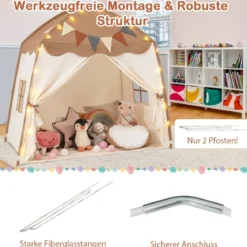 Spielhaus Kinder Indoor Kinderzelt mit Flaggen und Lichterketten Prinzessin Spielzelt Beige/Kaffee/Rosa