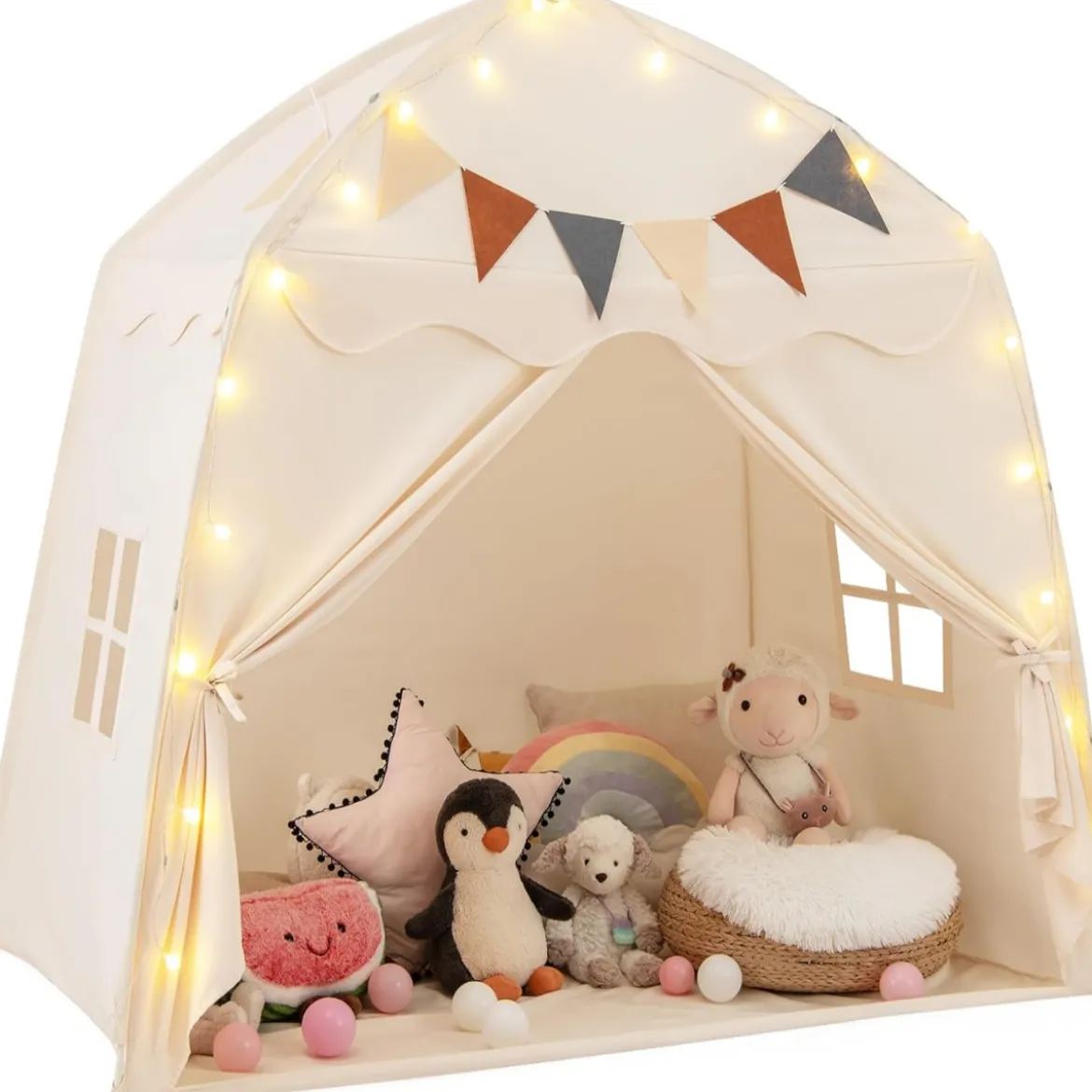 Spielhaus Kinder Indoor Kinderzelt mit Flaggen und Lichterketten Prinzessin Spielzelt Beige/Kaffee/Rosa