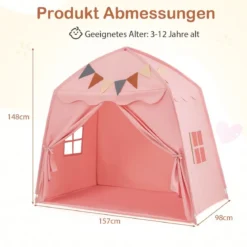 Spielhaus Kinder Indoor Kinderzelt mit Flaggen und Lichterketten Prinzessin Spielzelt Beige/Kaffee/Rosa