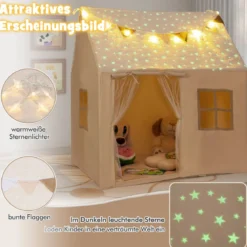 Spielhaus Kinder Indoor Kinderzelt mit gepolsterter Matte & Sternenlichtern 119 x 104 x 129 cm Beige