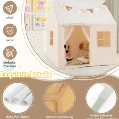 Spielhaus Kinder Indoor Kinderzelt mit gepolsterter Matte & Sternenlichtern 119 x 104 x 129 cm Beige