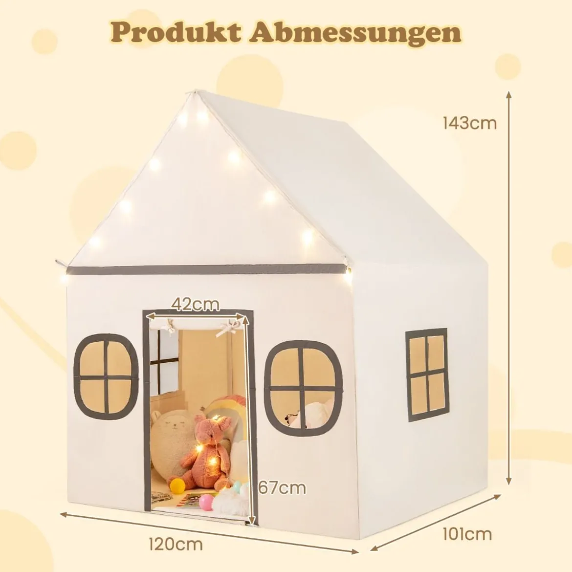 Spielhaus Kinder Indoor Kinderzelt mit Sternlichter & Gepolsterte Matte Beige + Schwarz